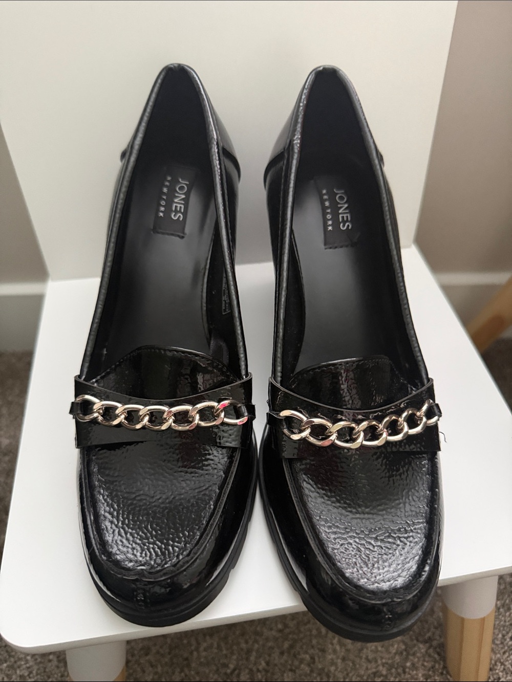 Jones New York Cyrena Black Patent Chain Loafer Heels 7.5M